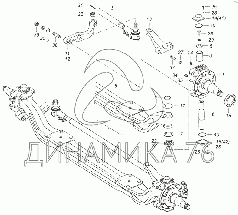 Ось передняя КамАЗ (Чертеж № список деталей, стоимость запчастей)